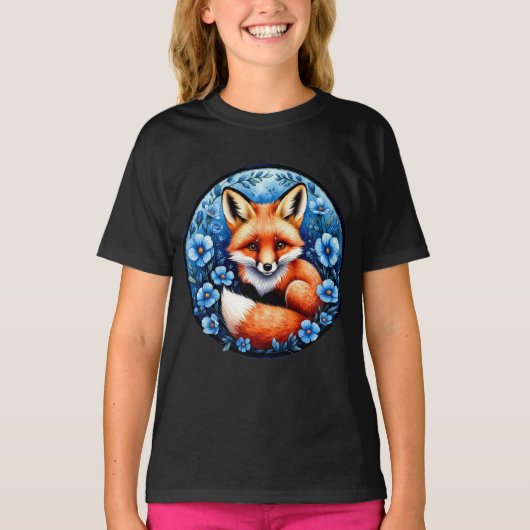 青い花に囲まれた狐 Tシャツ (正面)