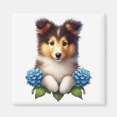 青い花のかわいい子犬  マグネット (正面)