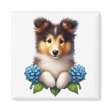 青い花のかわいい子犬 