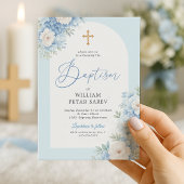 青い花のアーチの洗礼招待状(金色の十字架付き) 招待状