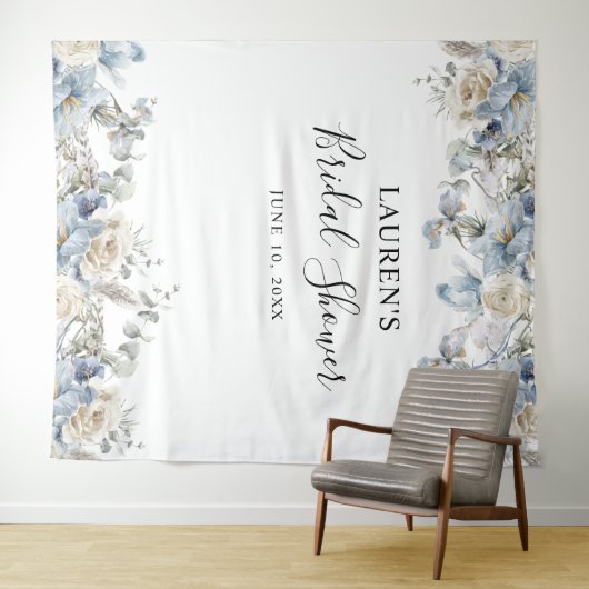 青い花のウェディングシャワーの写真撮影用背景 タペストリー (インサイチュ(横))