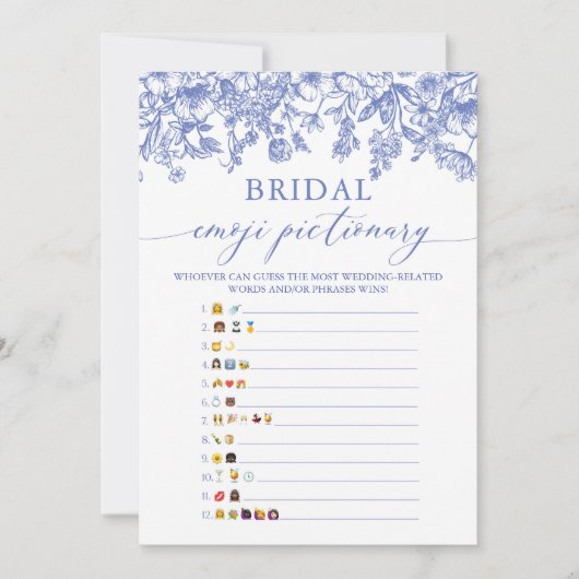 青い花のウェディングシャワー絵文字ピクショナリーゲーム 招待状 (正面)