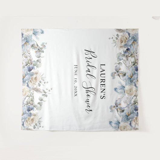 青い花のウェディングシャワー フォトブースの背景 タペストリー (正面(横))