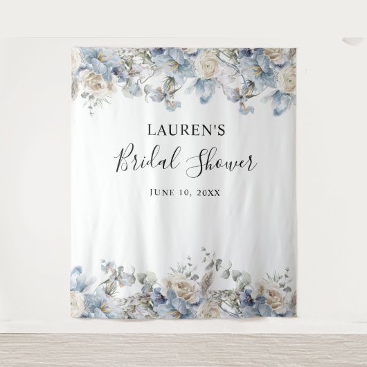青い花のウェディングシャワー フォトブースの背景 タペストリー (正面)