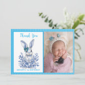 青い花のウサギのテーマで1歳の誕生日の感謝を伝える サンキューカード (スタンド正面)