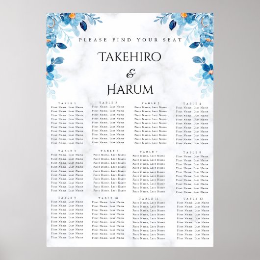 青い花のエレガントな夏の結婚式の座席表 ポスター (正面)