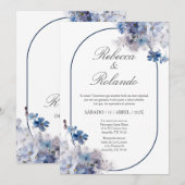 青い花のエレガントな結婚式招待状（スペイン語） 招待状 (正面/裏面)