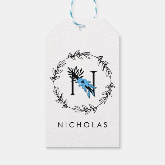 青い花のカスタムモノグラム - 文字N ギフトタグ (裏面)