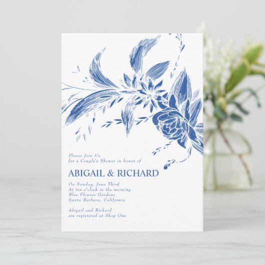 青い花のカップル結婚のシャワーを持つ枝 招待状