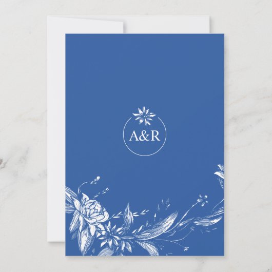 青い花のカップル結婚のシャワーを持つ枝 招待状 (裏面)