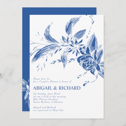 青い花のカップル結婚のシャワーを持つ枝 招待状 (正面/裏面)