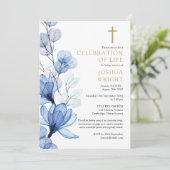 青い花のキリスト教のお別れと命の祝い 招待状 (スタンド正面)