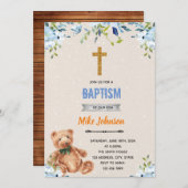 青い花のクマの洗礼招待状 招待状 (正面/裏面)