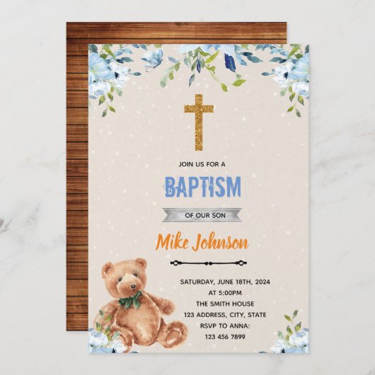 青い花のクマの洗礼招待状 招待状 (正面/裏面)