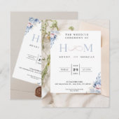 青い花のクラシックな結婚式招待状 招待状 (正面/裏面)