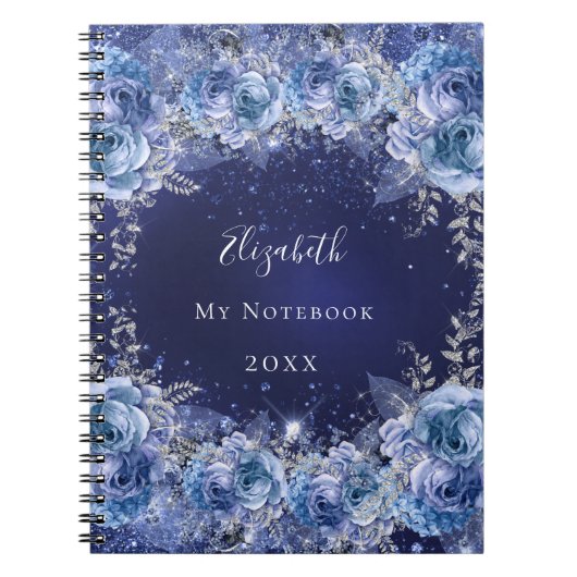 青い花のグリッター名前が豪華 ノートブック (正面)