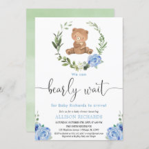 青い花のグリーン テディベア 男の子 ベビーシャワー