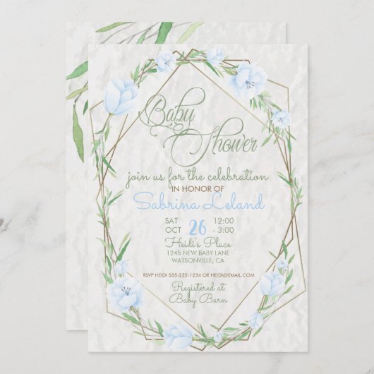青い花のグリーン テラリウム ベビーシャワー 招待状 (正面/裏面)