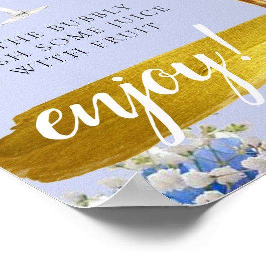 青い花のゴールドの結婚式の朝食ミモザバーの看板 ポスター (角)