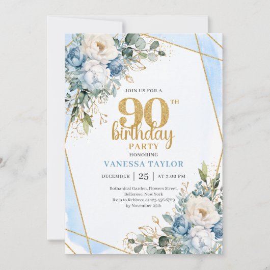 青い花のゴールドアクセント 90歳の誕生日パーティー招待状 招待状 (正面)