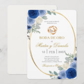青い花のゴールド結婚式 招待状 (正面/裏面)