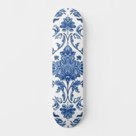 青い花のシノワズリ 白い水彩画 スケートボード
