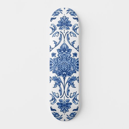 青い花のシノワズリ 白い水彩画 スケートボード (正面)