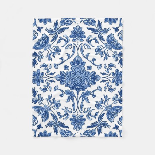 青い花のシノワズリ 白い水彩画 フリースブランケット (正面)