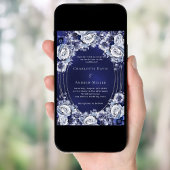 青い花のシルバーフレーム結婚式 招待状