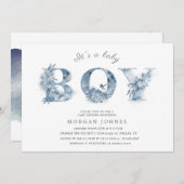 青い花のスクリプト ベビーシャワー招待状 (正面/裏面)