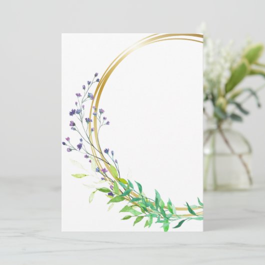 青い花のスプレーが施されたシンプルなデザイン 招待状 (スタンド正面)