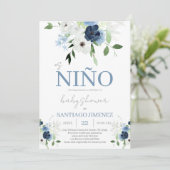 青い花のスペイン語ベビーシャワー男子 招待状 (スタンド正面)
