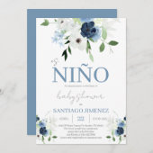 青い花のスペイン語ベビーシャワー男子 招待状 (正面/裏面)