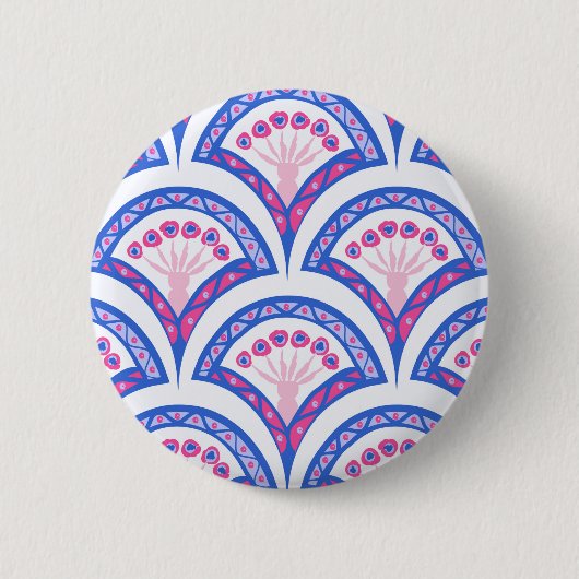 青い花のダマスク模様 缶バッジ (正面)