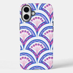 青い花のダマスク模様 iPhone 16 PLUSケース