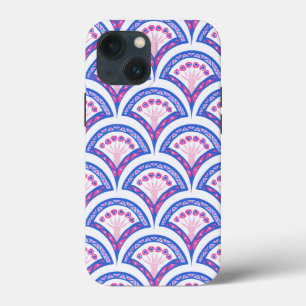 青い花のダマスク模様 iPhone 13 MINIケース