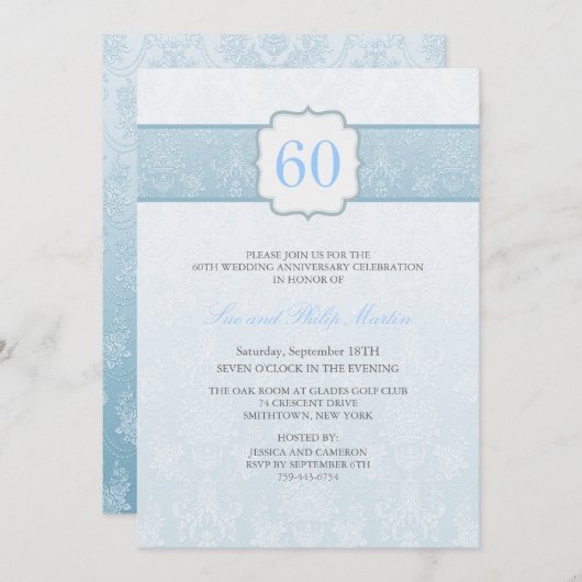 青い花のダマスク結婚記念日の招待状 招待状 (正面/裏面)