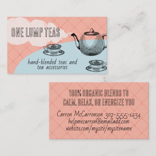 青い花のティーポットとティーカップビジネスカード 名刺 (正面/裏面)