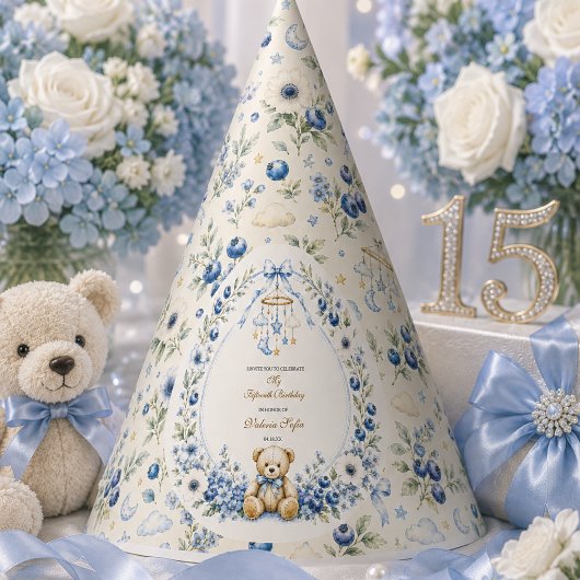 青い花のテディベアの15歳の誕生日パーティー パーティーハット