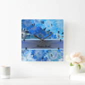 青い花のデイジーパターン スクエア壁時計 (ホーム)