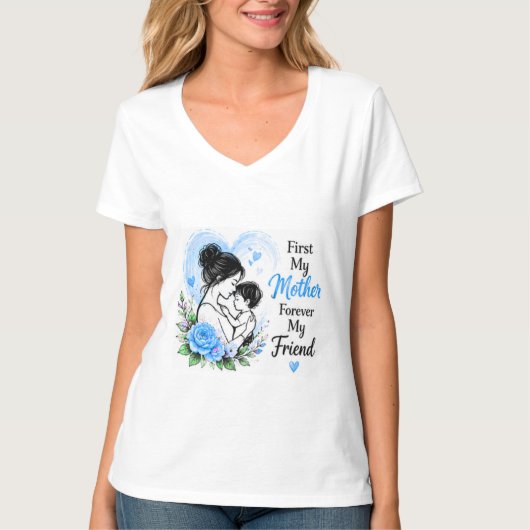 青い花のデザインで「First My Mother Forever My Friend」 Tシャツ (正面)