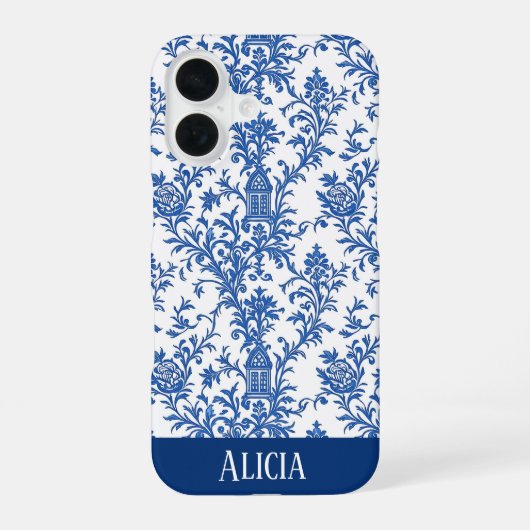 青い花のトワル・ド・ジュイ iPhone 16ケース (裏面)