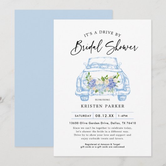 青い花のドライブバイ ブライダルシャワー招待状 招待状 (正面/裏面)