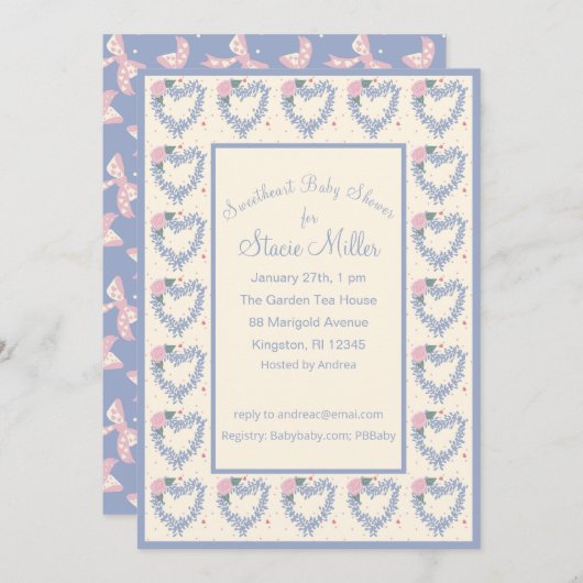 青い花のハートとリボン　ベイビーシャワーの招待状 招待状 (正面/裏面)