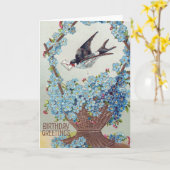 青い花のバスケット鳥誕生日 カード (黄色い花)