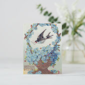 青い花のバスケット鳥誕生日 ポストカード (スタンド正面)