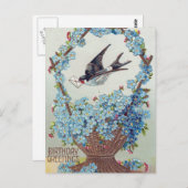 青い花のバスケット鳥誕生日 ポストカード (正面/裏面)