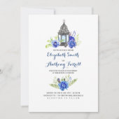 青い花のビンテージ ランタン 水彩 結婚式 招待状 (正面)