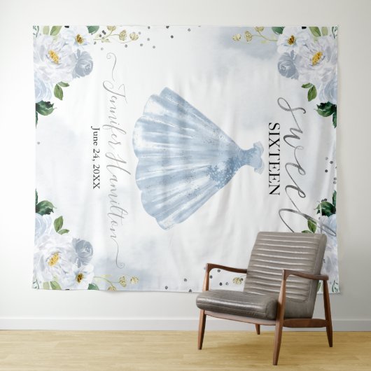 青い花のピンクのドレス スウィート16 背景 タペストリー (インサイチュ(横))