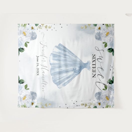 青い花のピンクのドレス スウィート16 背景 タペストリー (正面(横))